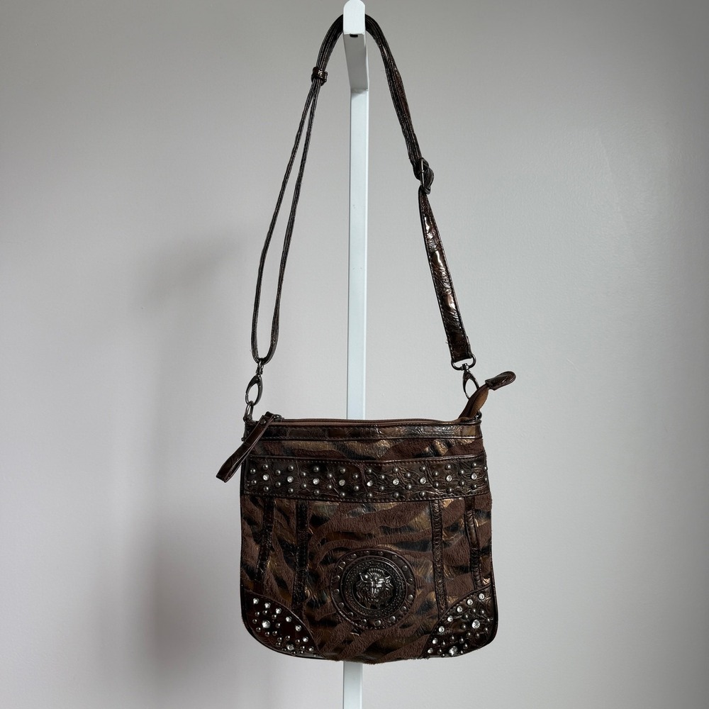 Anne Klein Small Brown Crossbody Bag Zebra Print Studded Lion Head Y2K McBling